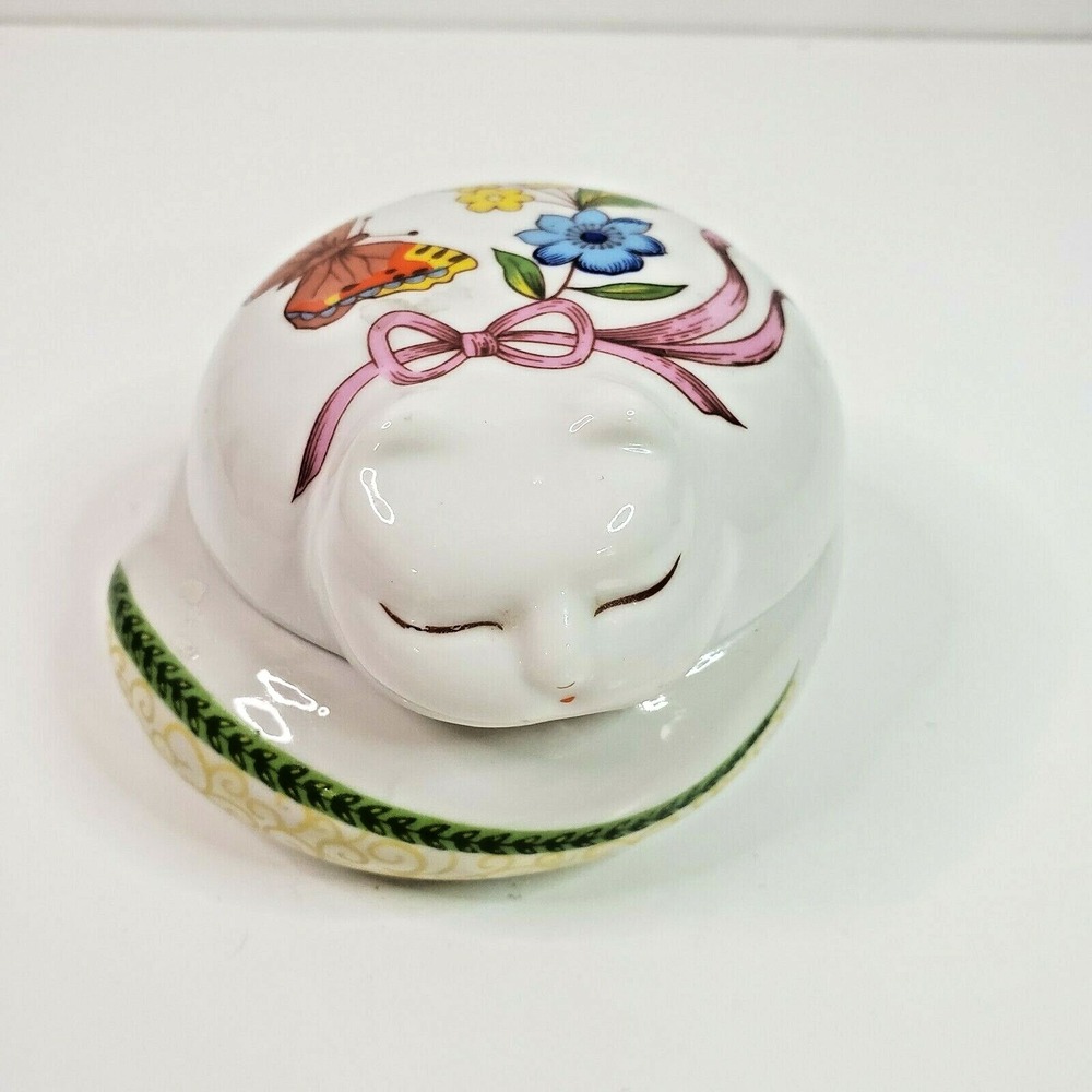Vtg Prestige MCML XXX Ceramic Sleeping Cat Covered Dish Trinket Jewelry Floral